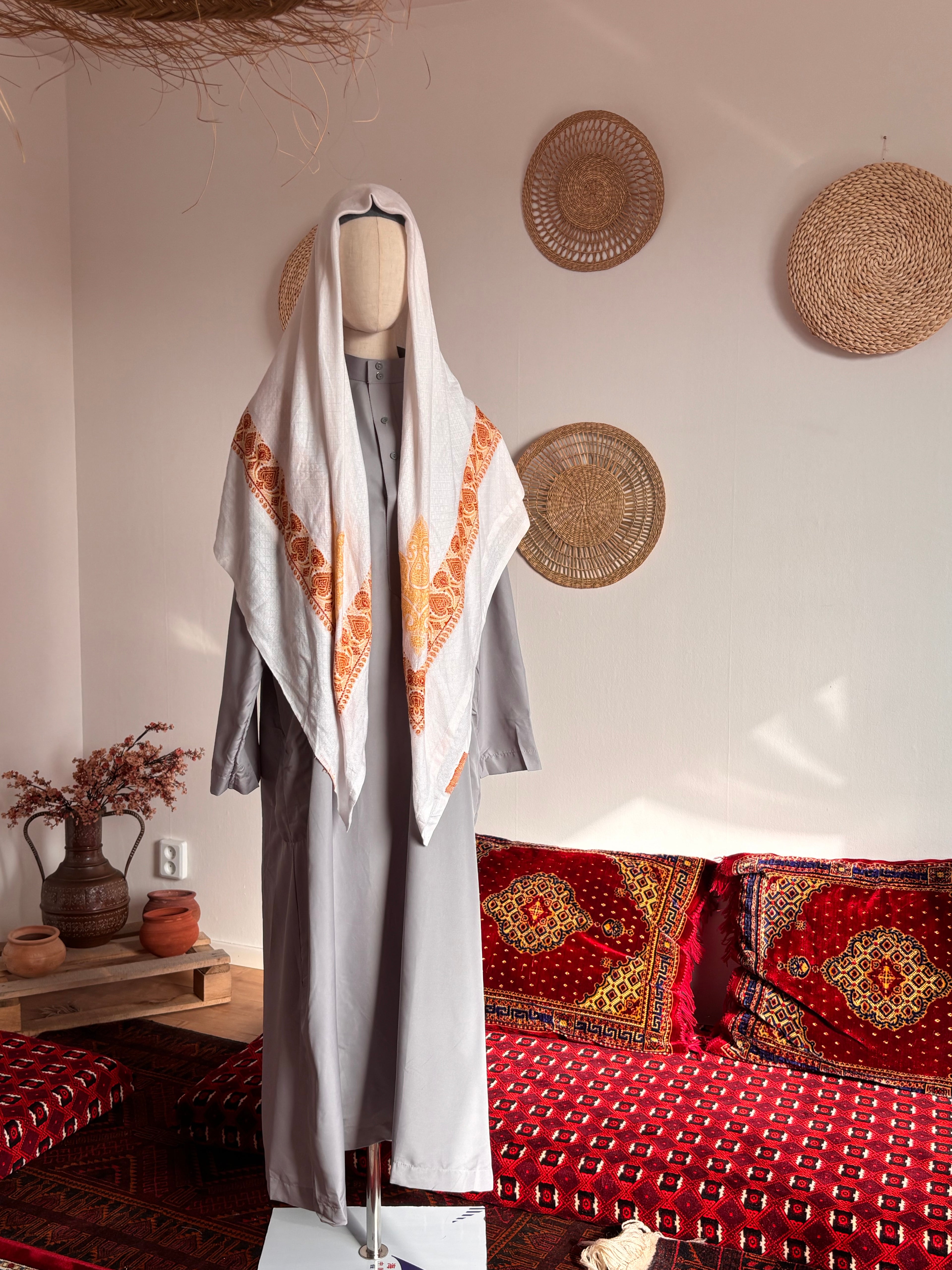 Ash Grey Thobe & White Shemagh Bundle